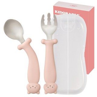 키도러블 휘어지는 3세대 자기주도 스텐 스푼포크, 1세트, 파스텔핑크