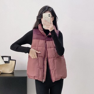 大尺碼韓版面包服馬甲 輕便保暖外套 修身顯瘦短款立領撞色拼接大口袋 (M-4XL)