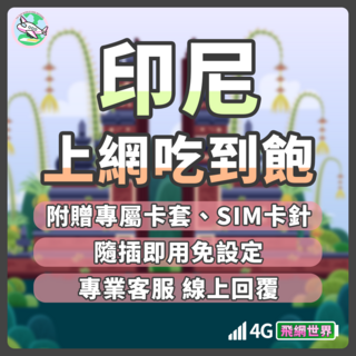 飛網世界 印尼上網卡 峇里島 日惹 雅加達 棉蘭 4G吃到飽 免設定, 1個, 流量總共20GB, 3天