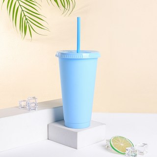新款吸管杯 大容量 磨砂質感飲水杯 工廠直銷, 淺藍,24oz, 1個