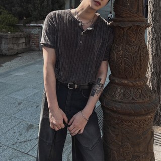 MYQ亨利領短袖T恤男士夏季薄款修身百搭體恤韓系通勤老錢風上衣