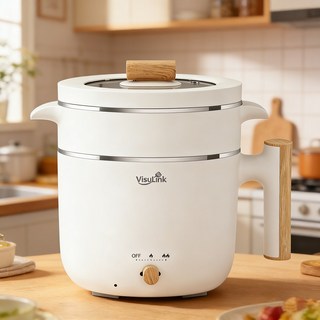 VisuLink 2in1 멀티 전기 냄비 1.5L 증조리 일체형 전기 냄비 2단계 화력 조절 가능 가정용 전기 핫팟/라면 냄비, 흰색
