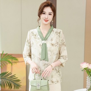 媽媽夏裝上衣新中式襯衫國風中袖T恤衫薄款復古打底衫，透氣舒適，中袖設計，優雅百搭