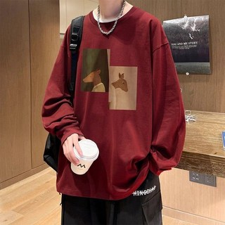 美式複古酒紅色長袖t卹男春秋寬鬆圓領大碼衛衣打底秋衣大碼衣服