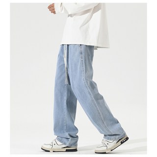 KASO 牛仔寬褲 牛仔闊腿褲 牛仔長褲 鬆緊抽繩 休閒長褲 男女款