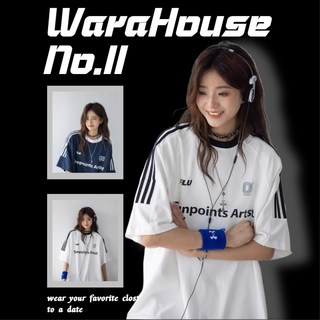 美式學院風條紋短袖上衣 寬鬆圓領男女款情侶裝