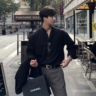 男士立領襯衫 修身彈力休閒健身長袖純色黑白襯衣