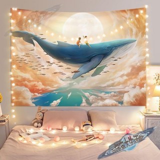 北歐唯美鯨魚背景布 夢幻ins網紅宿舍裝飾掛布 治癒臥室牆布 背景佈掛佈送安裝包, 1,100*70公分, 1