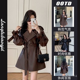 棕色皮衣女新款韓版時尚小個子皮夾克秋季皮風衣外套女高級感韓版外套重磅外套寬鬆外套大尺碼外套oversize外