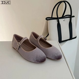 Z3JC 真皮絲絨淺口圓頭一字扣帶瑪麗珍單鞋女春季芭蕾舞平底鞋