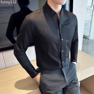 商務修身純色長袖襯衫青年韓版休閒立領2025襯衣男士正裝圓領襯衫