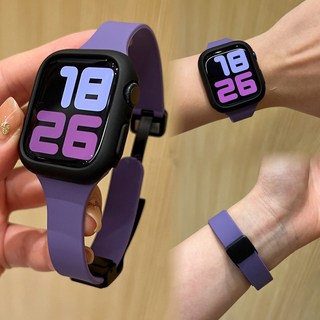 新小蛮腰细款硅胶磁吸扣适用苹果手表带Applewatch8简约iwatch7se, 1個, 云雾灰+浅灰壳,42mm【1/2/3代】仅表带