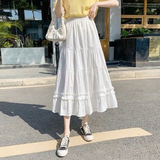 ROYALBELLE 여성 플레어핏 A라인 슬림핏 미디기장 프릴 디테일 하이웨이스트 치마 U0061024
