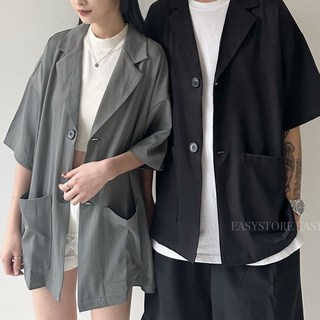 PZT 西裝短袖外套 寬鬆版型 男女皆可 雙口袋 外搭 百搭 西裝外套 韓國男裝