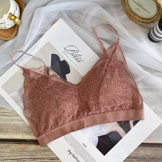 法式蕾絲V領無鋼圈零著感 細肩帶內搭帶胸墊防走光胸罩