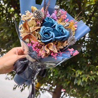 花束 畢業花束 乾燥花束 永生花束 香皂花 情人節花束 小花束 玫瑰花束, 霧霾藍＋透明禮物袋