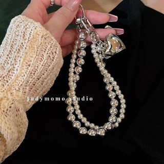 【熱銷】韓國 ins新款 冷淡風 簡約 珍珠鏈 愛心手機鏈條 適用手機殼 通用 掛鏈 手機鏈, 1個, 雙鏈條珍珠愛心鏈條【配透明墊片】