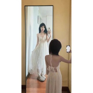 純欲風掛脖雪紡連衣裙女夏季海邊度假法式露背裙子高級感白色長裙, 白色,M【優質版】
