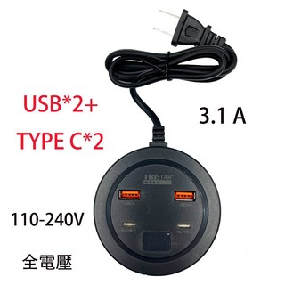 TRISTAR USB164 3.1A 36W 四孔旅行快速充電器 USB TYPE C 國際電壓 全電壓通用 快充, 1個