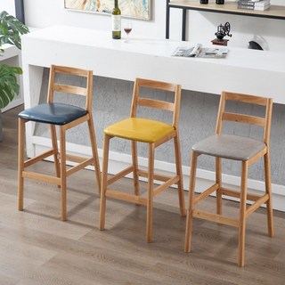 實木靠背吧檯椅 高腳凳 餐桌椅 餐椅 吧椅 高腳椅 北歐高腳凳 前台奶茶店收銀酒吧椅, 實木坐墊原木色,61CM/坐高, 1個