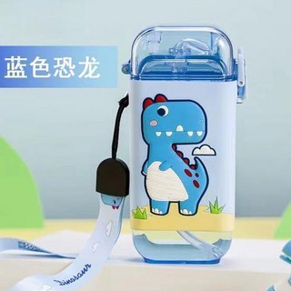 玩具總動員方形吸管水杯 兒童防摔防漏水壺 寶寶學飲杯 幼兒園水杯, 藍色恐龍280ml, 1個