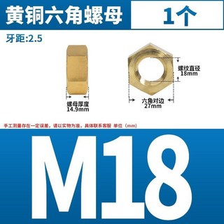 台灣熱銷 黃銅六角螺母銅螺帽 M2M3M4M5M6M8M10M12M14M16M18M20M22M24, 1個, M18(1粒)