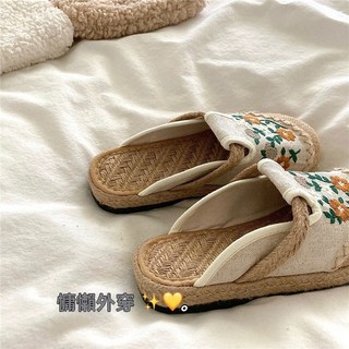 海邊散步手工草編亞麻透氣涼鞋女ins防滑平底沙灘拖鞋網紅繡花, 奶油米 升級版,39, 奶油米 升級版, 39