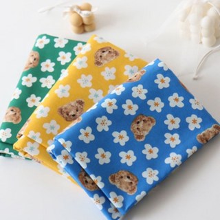 布喜翻 韓國布 - 小熊花朵 3色 棉布 布料 印花布 進口布 手作, 黃色,1尺 【現貨，同款布買多不裁開】, 1個