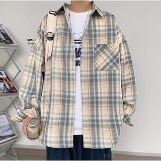 秋冬長袖襯衫日系寬鬆襯衣男 薄款上衣 格子百搭休閒格紋襯衫