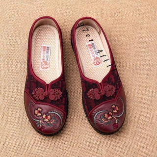 老北京復古網麵布鞋 刺繡花朵防滑軟底媽媽鞋, 紅色 防滑軟底,37