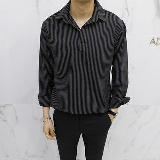 條紋半開亨利領長袖襯衫