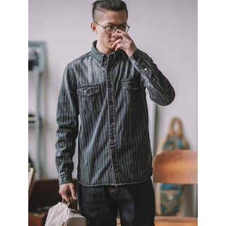 美式復古豎條紋牛仔襯衫重磅阿美咔嘰工裝水洗做舊長袖襯衣男