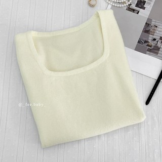 Fee現貨5色方領針織短袖上衣，韓系溫柔風針織衫，多色可選，展現鎖骨線條