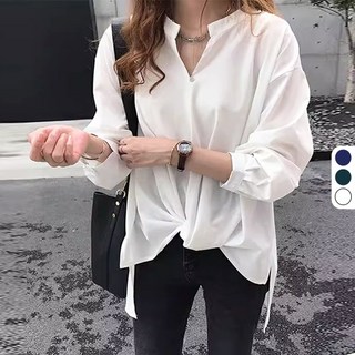 SISI V領長袖仿雪紡素面防曬上衣襯衫，褶皺打底衫扭結下襬不規則通勤休閒春秋