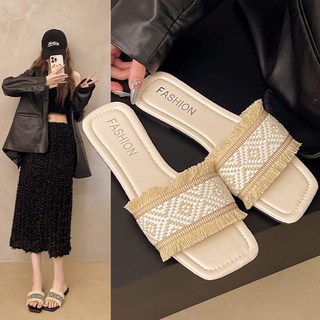 民族風草編一字拖鞋 - 平底休閒涼拖鞋 大尺碼女鞋