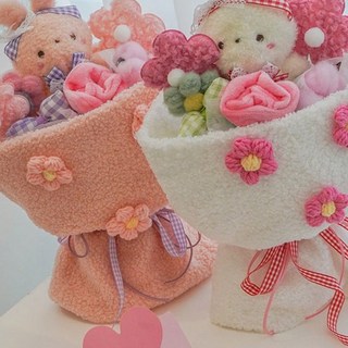 뽀글이토끼 봉제인형꽃다발 시들지않는플라워 축하선물, 화이트, 1개