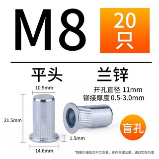 【鑫隆五金】304不銹鋼拉鉚螺母 拉卯平頭半六角大小沉頭螺帽 通孔盲孔, 1個, M8 (平頭豎紋盲孔/蘭鋅/20個)