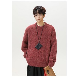 寬鬆灰色針織衫男士冬季新款圓領麻花加厚保暖毛衣