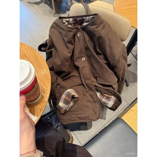 韓版撞色棉服格紋拼接夾克 寬鬆百搭秋冬外套