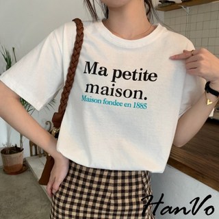 HanVo 法文瑪蒂別墅字母印花棉T 韓版休閒圓領短袖上衣 時尚百搭T恤 韓系女裝
