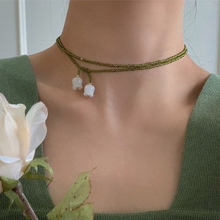 티큐 여성 올리브 컬러 비즈 투웨이 드롭 플라워 스카프 목걸이 A2303