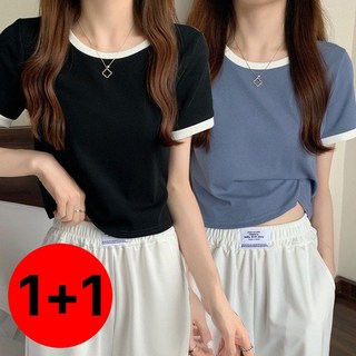 1+1스타일아유 배색 라운드넥 숏 반팔티 여성용 슬림핏 크롭 티셔츠 캐주얼 데일리룩 TS3570