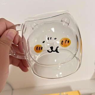 自嘲熊韓國200ml耐熱雙層玻璃杯可愛情侶高硼硅隔熱咖啡杯牛奶杯, 1個, 自嘲熊倒倒玻璃杯一個【腮紅款】