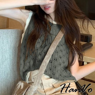 HanVo 鏤空撞色針織背心 波浪邊韓系女裝