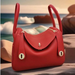 頭層牛皮mini醫生包，單肩斜挎，大象灰，Lindy手提包, 1個, 大紅色【金扣】26cm