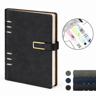 VEXLORA A5 6공 두꺼운 가죽 다이어리 비즈니스 업무용 루스 노트 휴대용 교체 내지 가능, 1개, 블랙