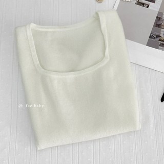 Fee現貨5色方領針織短袖上衣，韓系溫柔風針織衫，多色可選，展現鎖骨線條