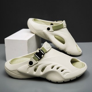 新款男女款室外拖鞋 減震輕便踩屎感運動防滑厚底軟底涼感透氣防水不磨腳耐磨大碼懶人鞋靜音速乾平底潮流, 38-39, 米綠
