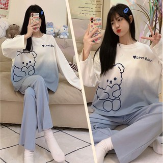 新竹出貨 大碼女装新款睡衣 長袖睡衣 女生睡衣 可外穿 卡通兩件套裝休閒寬鬆甜美睡衣 居家服 睡衣套裝 睡衣女 家居服
