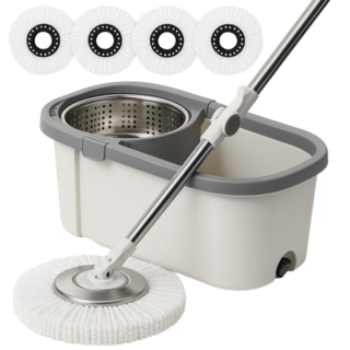 공간온도 대걸레 짤순이 + 극세사걸레 4장 스텐통 마포 마대 밀대 탈수기, 1세트